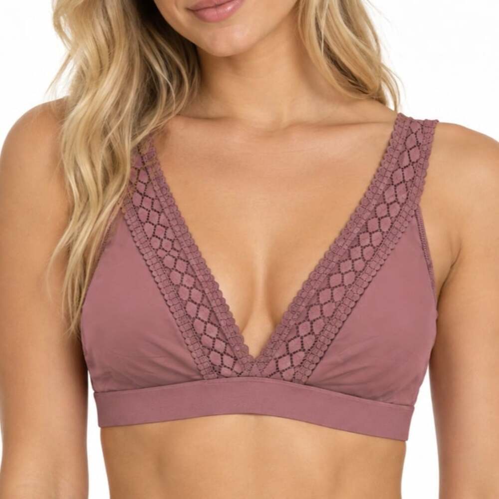BALI Dusty Rose V-Neck Bralette with Crochet Lace Trim Wireless Bra